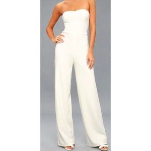 Lulus Edith Strapless Jumpsuit Women's Small White Solid Wide Leg Zip Back